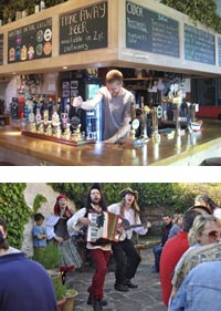 Pic of pub bar and pirates band in garden